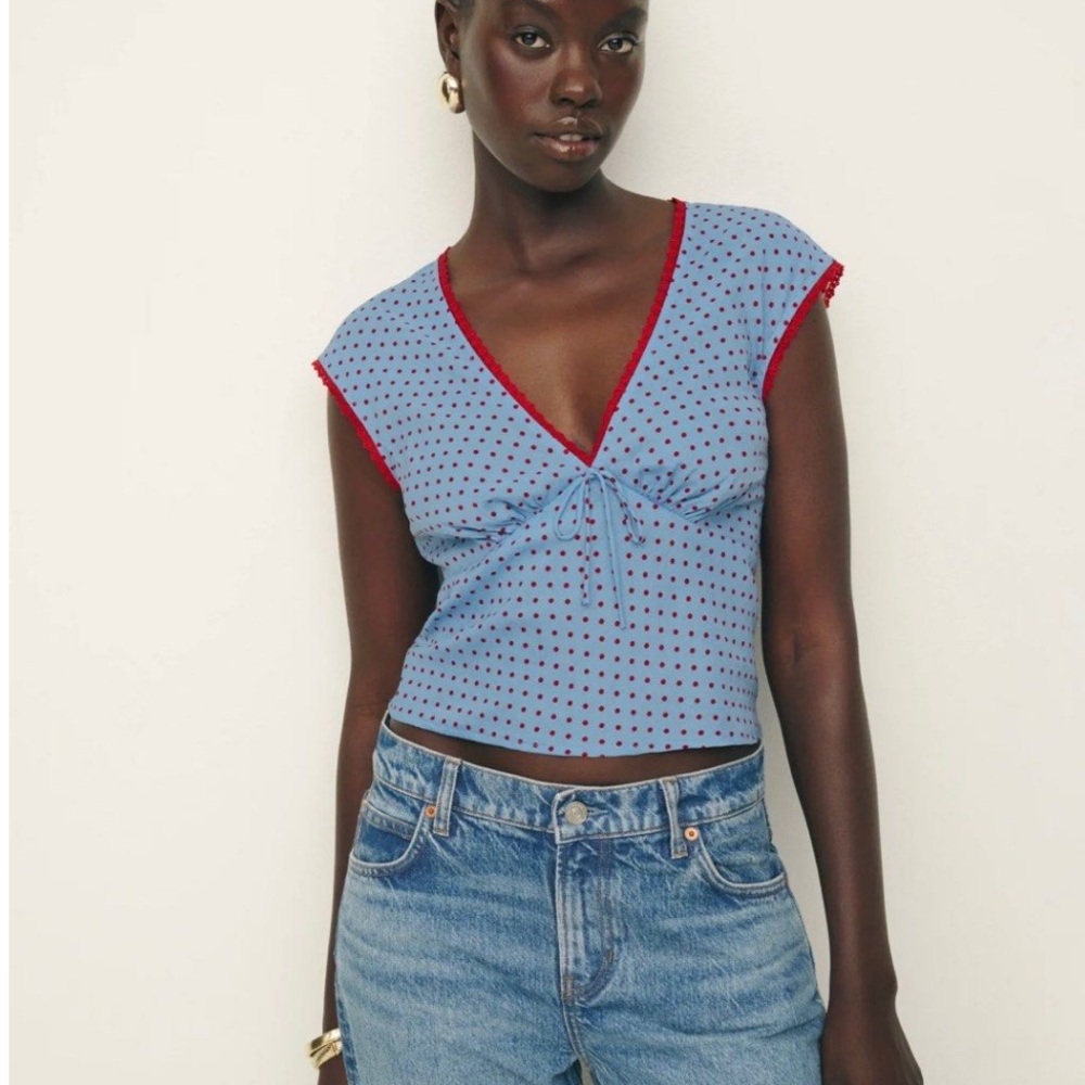 Reformation Blue and Red Tie Front Cap Sleeve Blouse